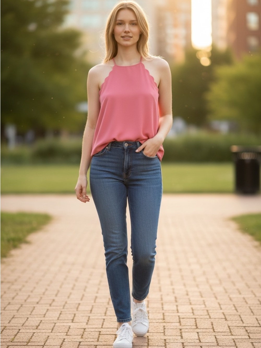 Scalloped Halter Tank Top in Pink